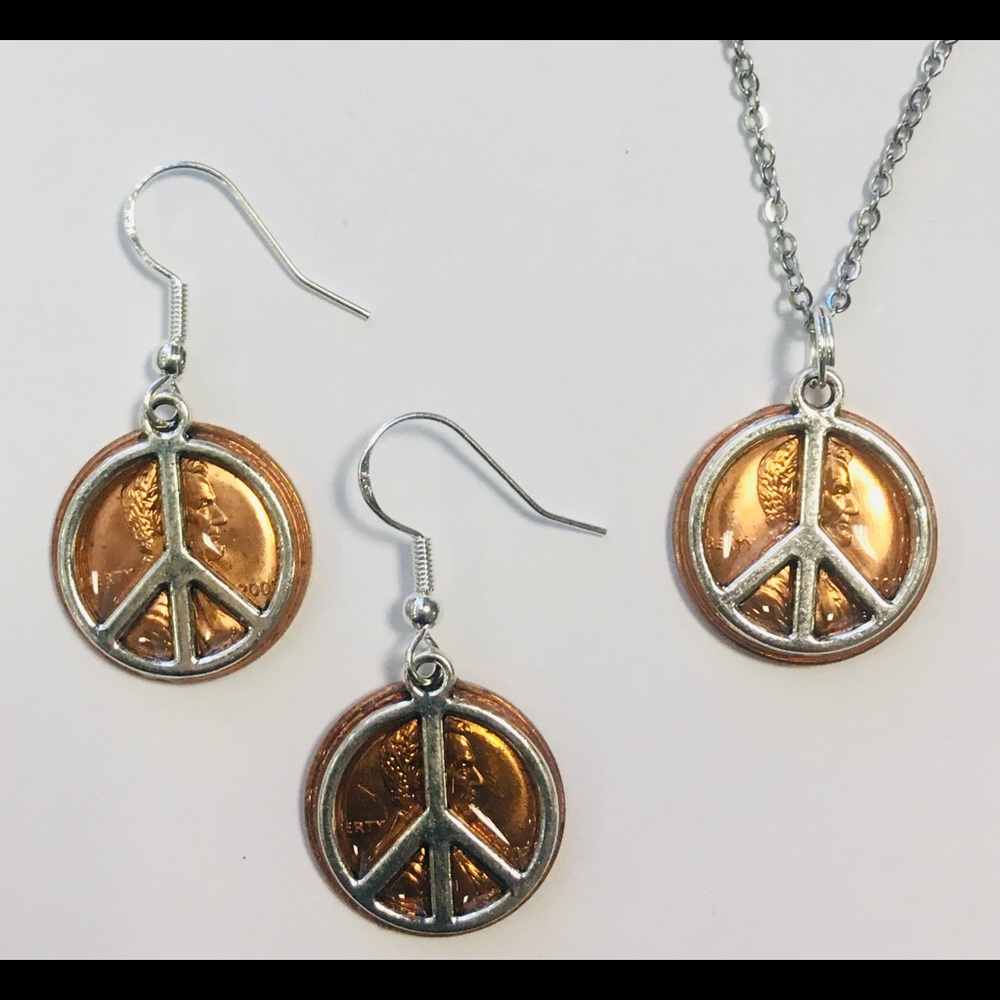 Penny USA coin Peace sign necklace & earring set